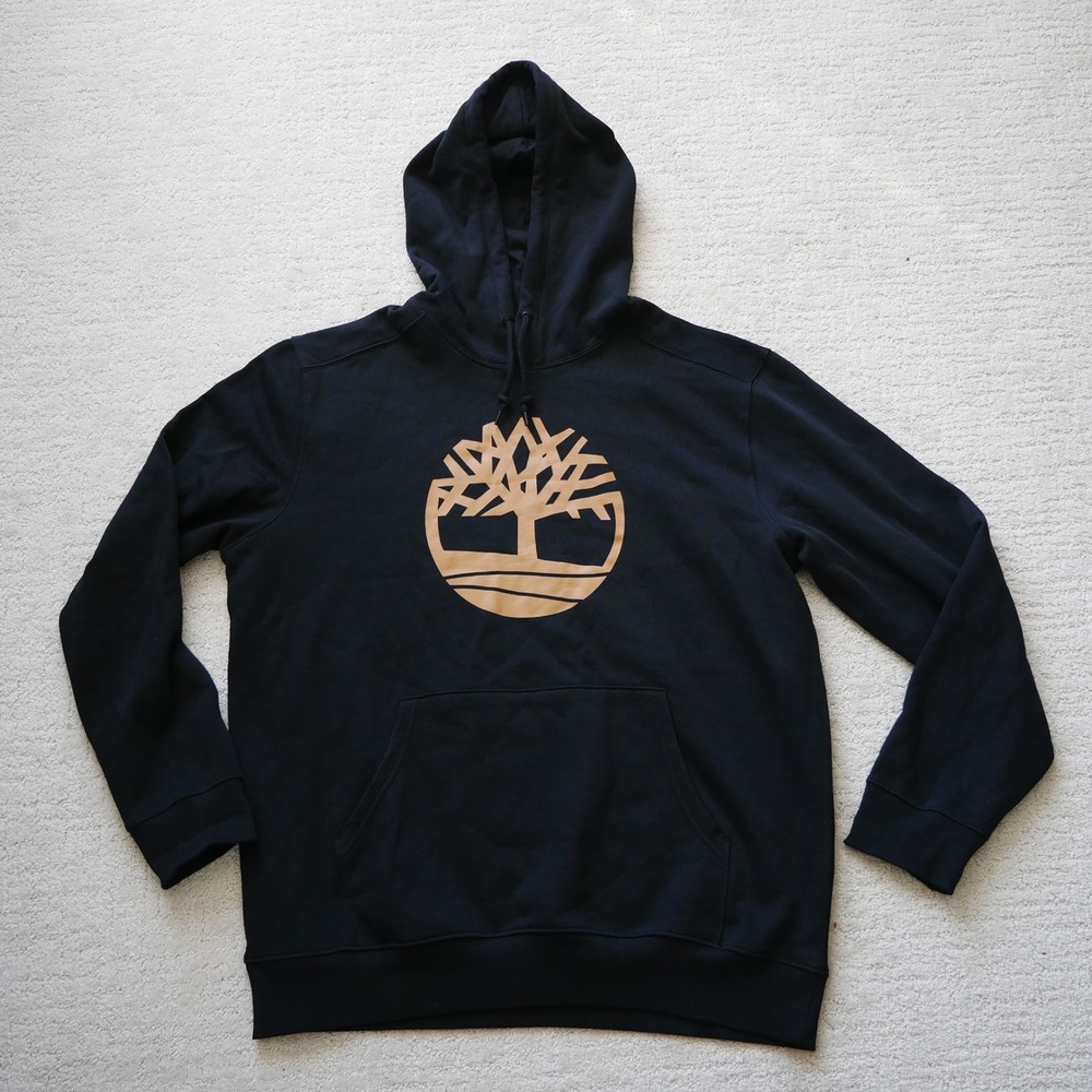 Timberland Mens Regular Fit Fleece Pullover Hoodie Black Tan Tree Logo XL
